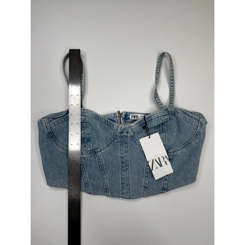 Zara Corset Cropped Top Womens Medium Blue Denim Cotton Back Zip Spaghetti Strap - Picture 3 of 6